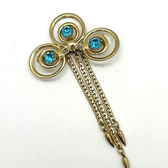 Vintage Gold-Tone Brooch With Aqua Blue Rhinestones & Dangle Chains 1950-60s - Picture 1 of 9